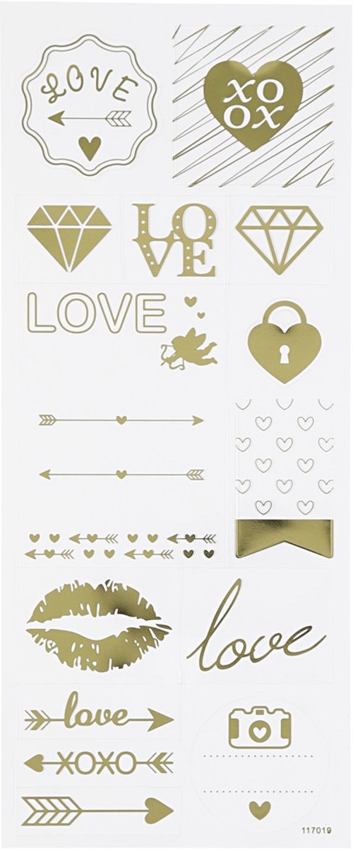 Stickers, vel 10x24 cm, circa 14 stuk, goud, love, 1vel [HOB-29148]